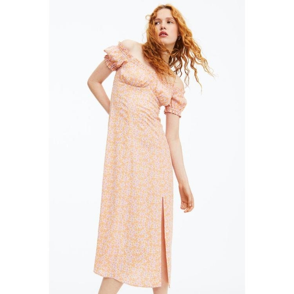 H&M Floral Puff Sleeve Dress Large Sweetheart Slit Ruching Midi Maxi Pink Orange